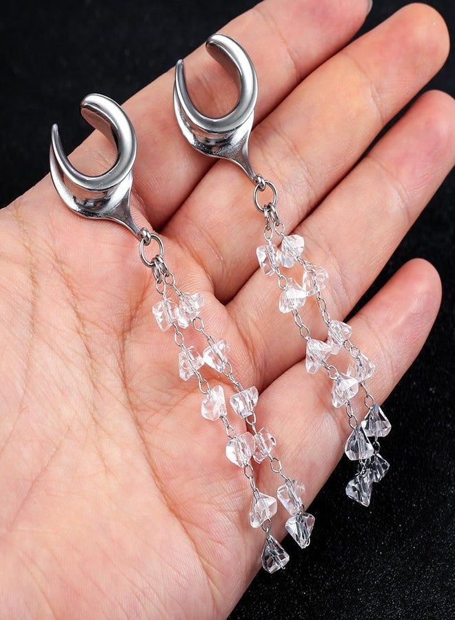 Earblity 1 Pair saddle gauges crystals chain Dangle earrings 9/16'' (14mm) Ear Tunnels Plugs 316 Stainless Steel Silver Ear Weight Plugs Hypoallergenic expander Piercing Body Jewelry - Image 2